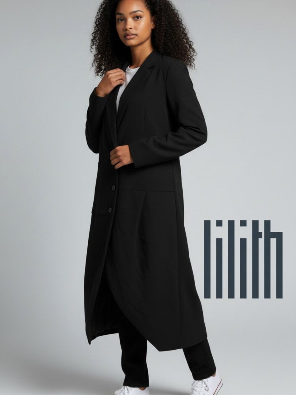 Lilith XL 44 Long Black Trench Coat Three Button